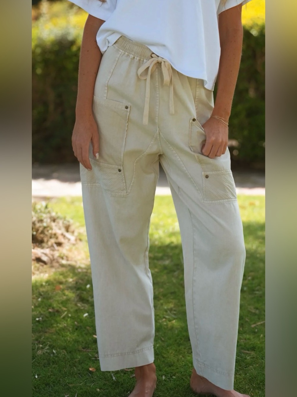 Carly Jean Los Angeles Casual Drawstring Cargo Pants in Light Beige